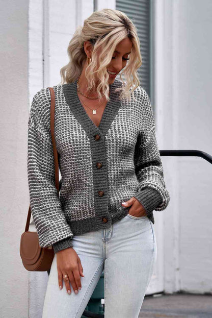 Woven Right Waffle-Knit Drop Shoulder Button-Down Cardigan