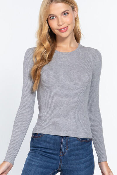 ACTIVE BASIC Full Size Ribbed Round Neck Long Sleeve Knit Top