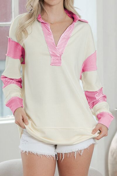 Striped Contrast Johnny Collar Dropped Shoulder Sweatshirt