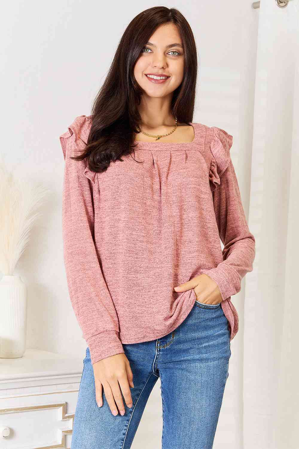 Square Neck Ruffle Shoulder Top – Feminine & Flirty
