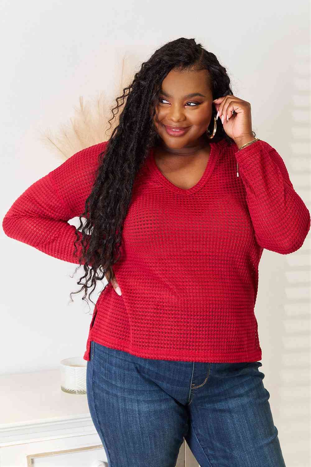 Culture Code Wide Notch Waffle-Knit Relax Top – All-Day Comfort
