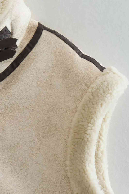 Collared Zip-Up Suede Sherpa Vest