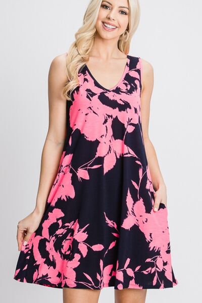 Heimish Full Size Floral V-Neck Tank Dress with Pockets