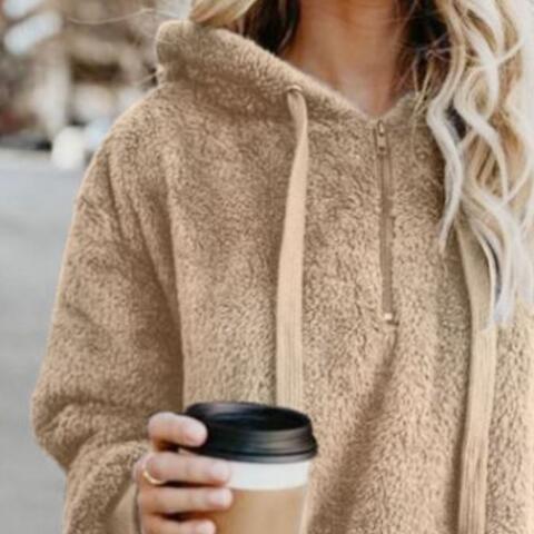 Quarter-Zip Drawstring Teddy Hoodie – Women's Cozy Fleece Pullover