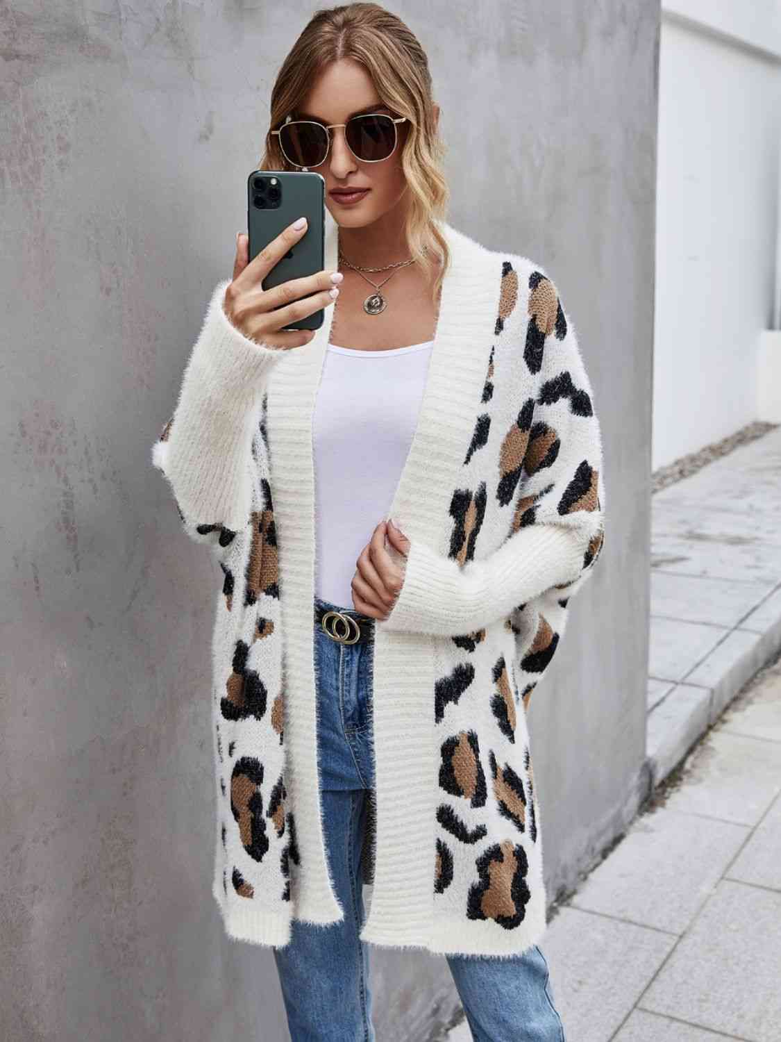 Leopard Pattern Fuzzy Open Front Cardigan – Women's Cozy Layering Piece