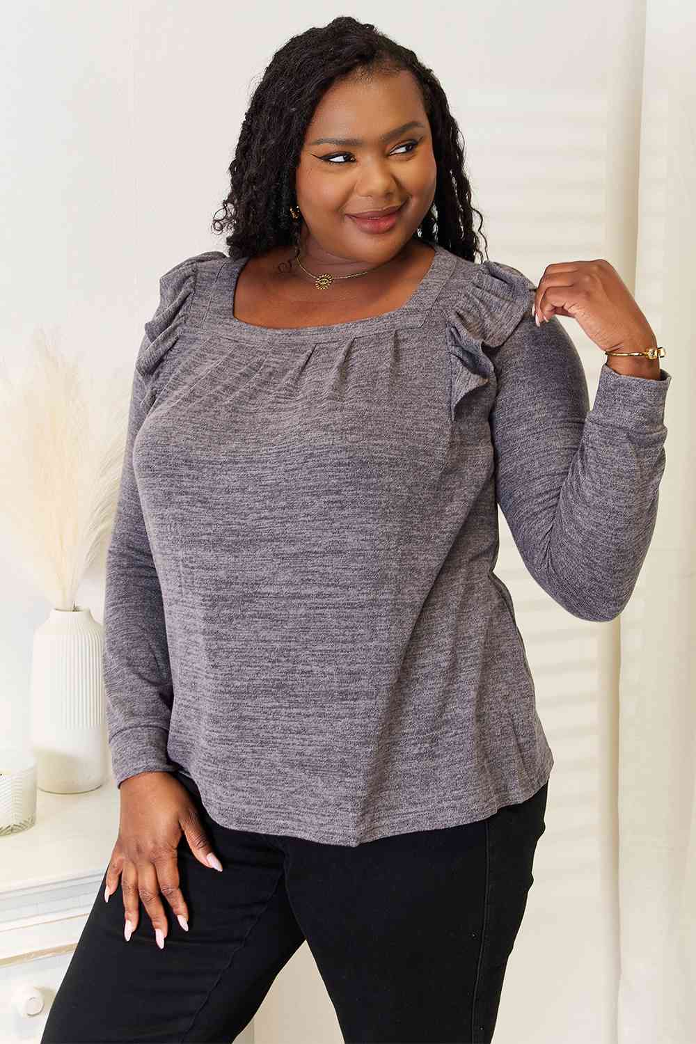 Square Neck Ruffle Shoulder Top – Feminine & Flirty