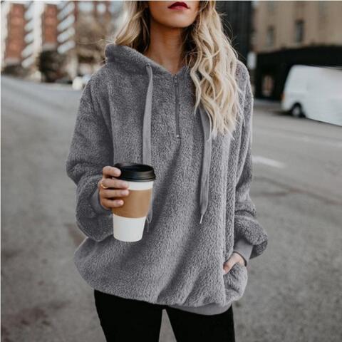 Quarter-Zip Drawstring Teddy Hoodie – Women's Cozy Fleece Pullover