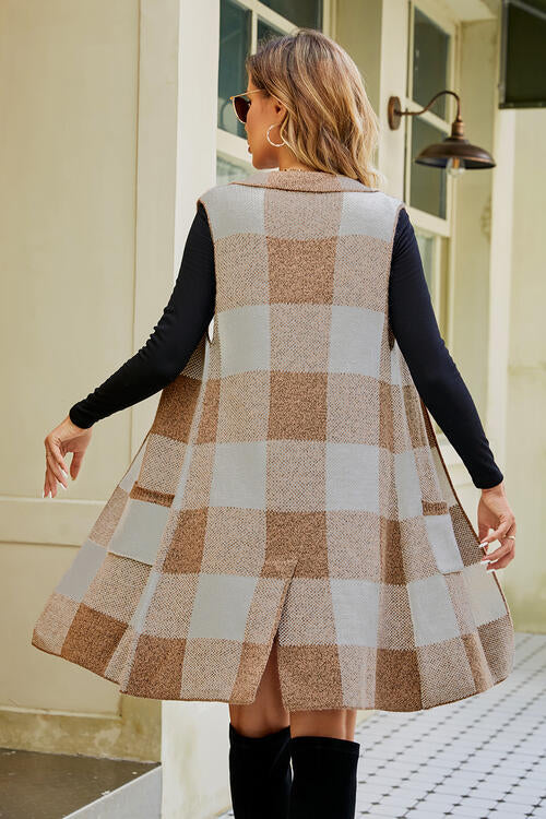 Plaid Open Front Sleeveless Cardigan with Pockets – Women's Layering Essential