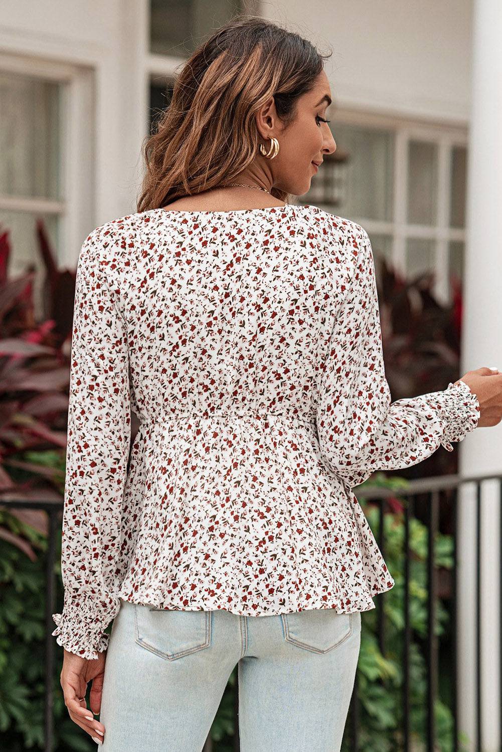 Tied Ditsy Floral Long Sleeve Blouse