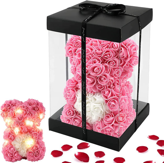 Valentines Day Gifts Rose Teddy Bear, over 250+ Flowers Gifts for Women Girlfriend Mom, Unique Gifts for Mothers Day Birthday with 10 Inch Clear Gift Box (Pink, 10Inch)