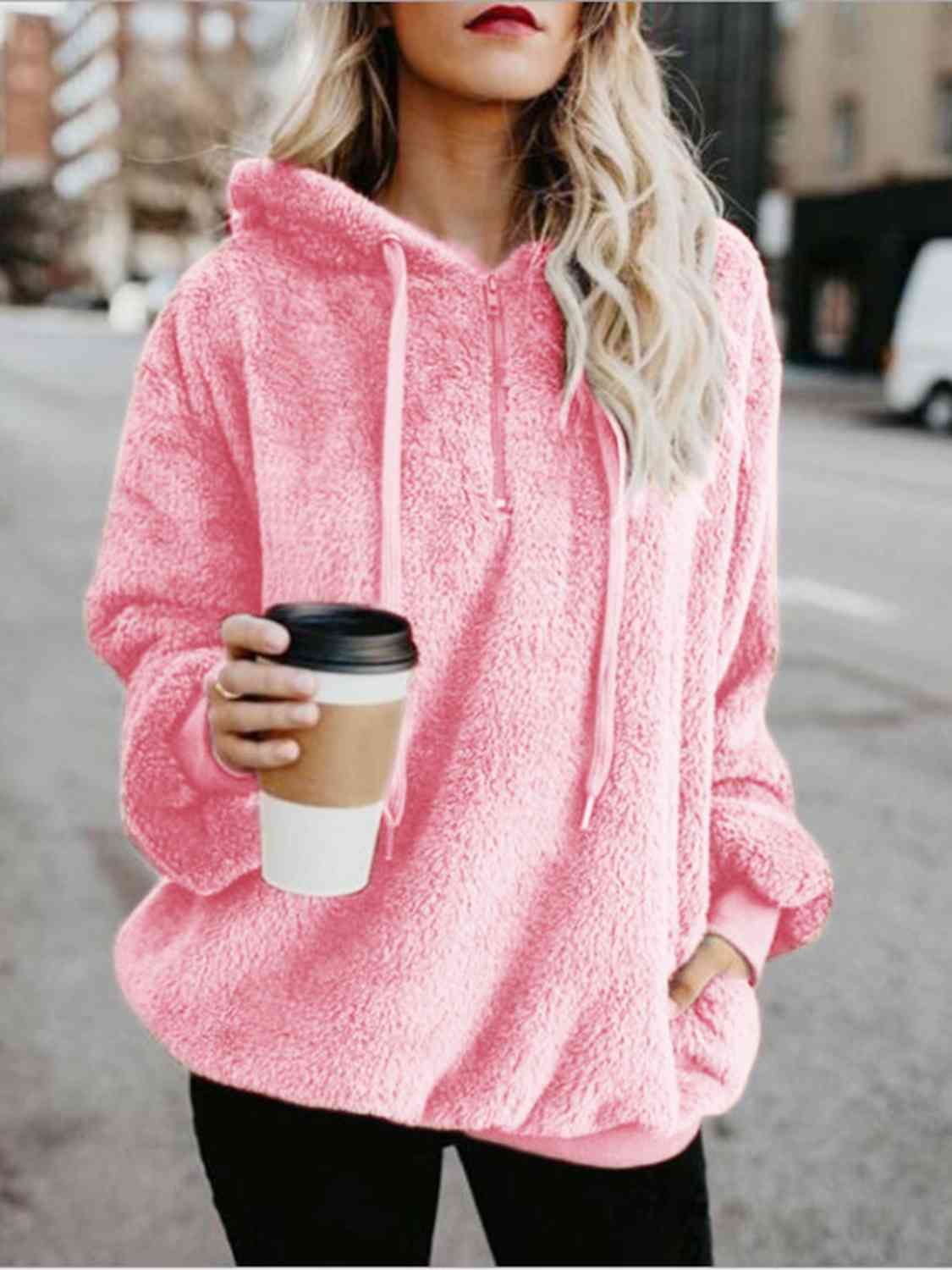 Quarter-Zip Drawstring Teddy Hoodie – Women's Cozy Fleece Pullover