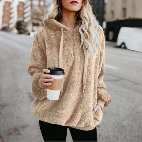 Quarter-Zip Drawstring Teddy Hoodie – Women's Cozy Fleece Pullover