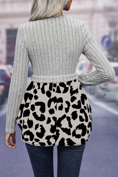 Leopard Peplum Round Neck Blouse