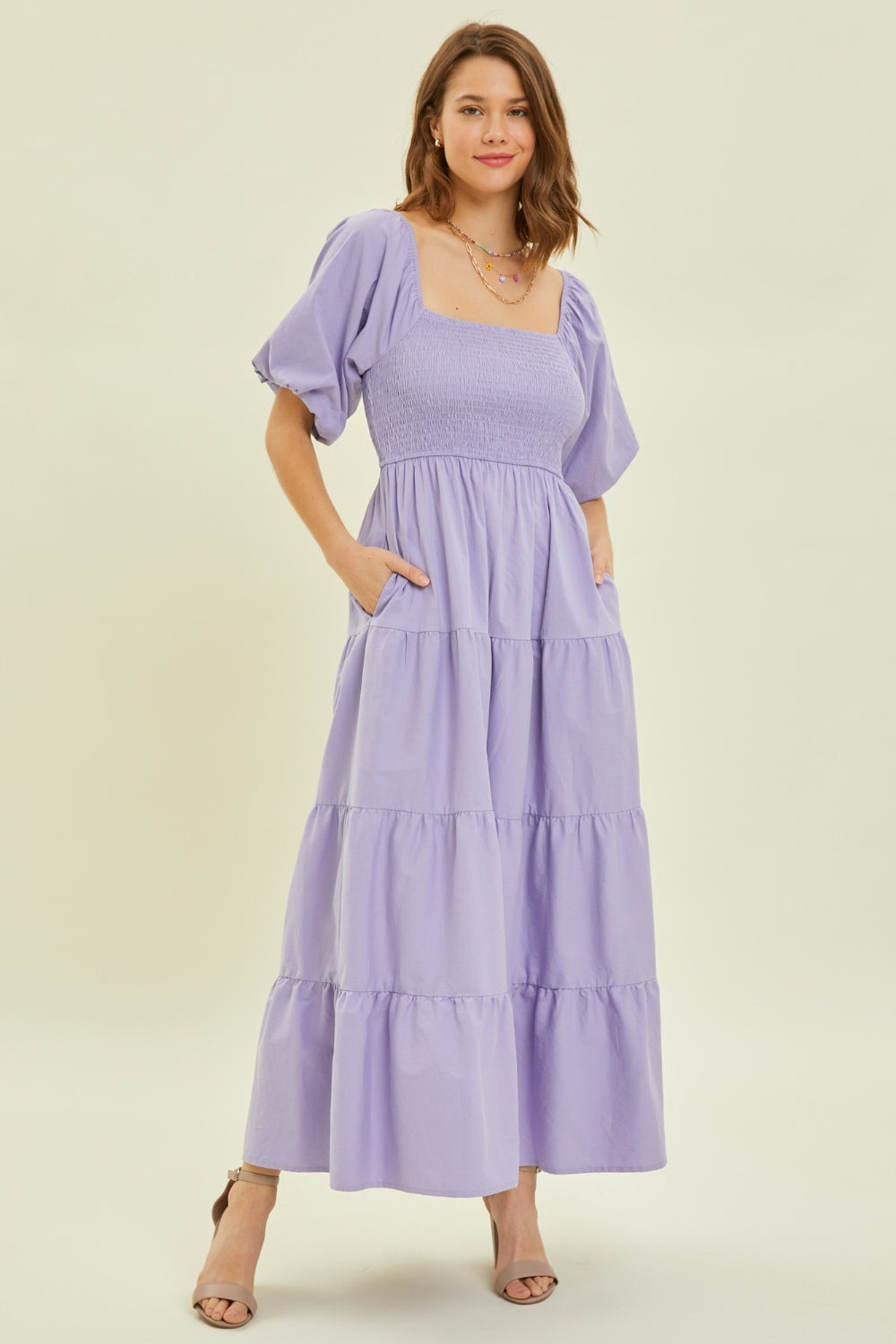 HEYSON Puff Sleeve Tiered Ruffled Poplin Dress