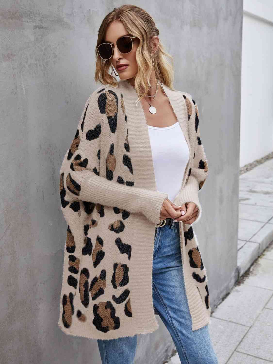Leopard Pattern Fuzzy Open Front Cardigan – Women's Cozy Layering Piece