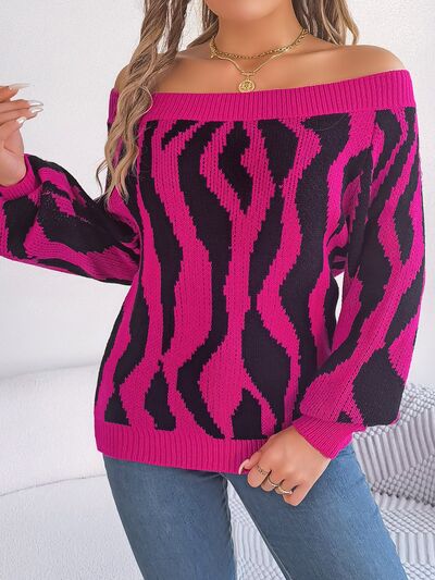 Off-Shoulder Animal Print Long Sleeve Sweater