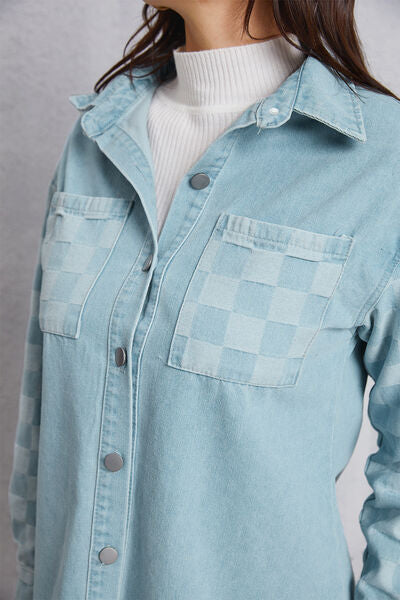 Raw Hem Checkered Dropped Shoulder Denim Jacket