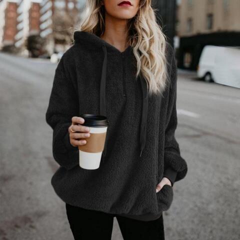 Quarter-Zip Drawstring Teddy Hoodie – Women's Cozy Fleece Pullover