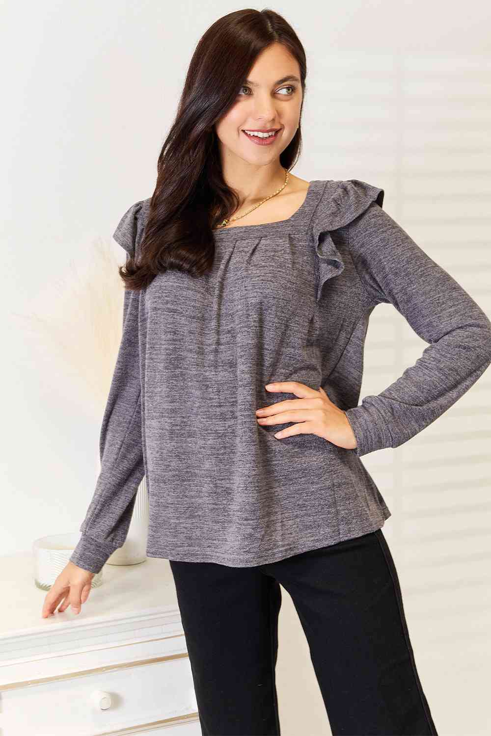 Square Neck Ruffle Shoulder Top – Feminine & Flirty