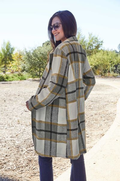 Double Take Full Size Plaid Button Up Lapel Collar Coat