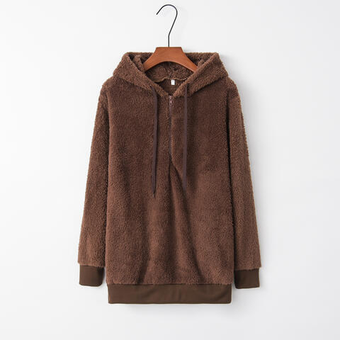 Quarter-Zip Drawstring Teddy Hoodie – Women's Cozy Fleece Pullover
