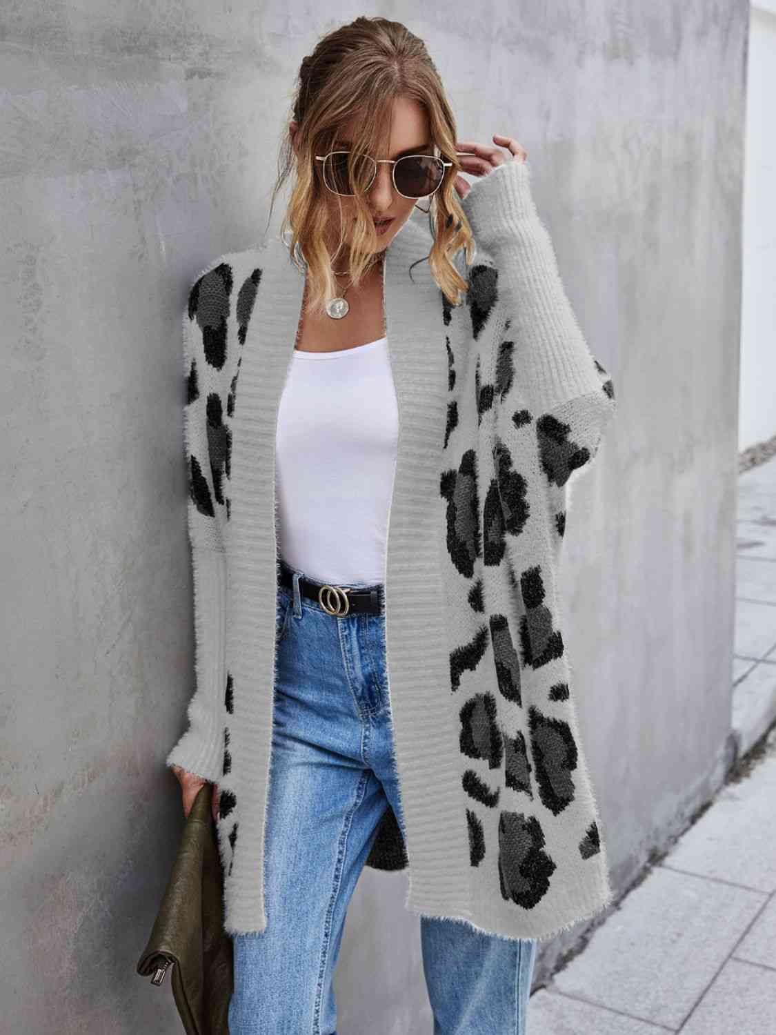 Leopard Pattern Fuzzy Open Front Cardigan – Women's Cozy Layering Piece