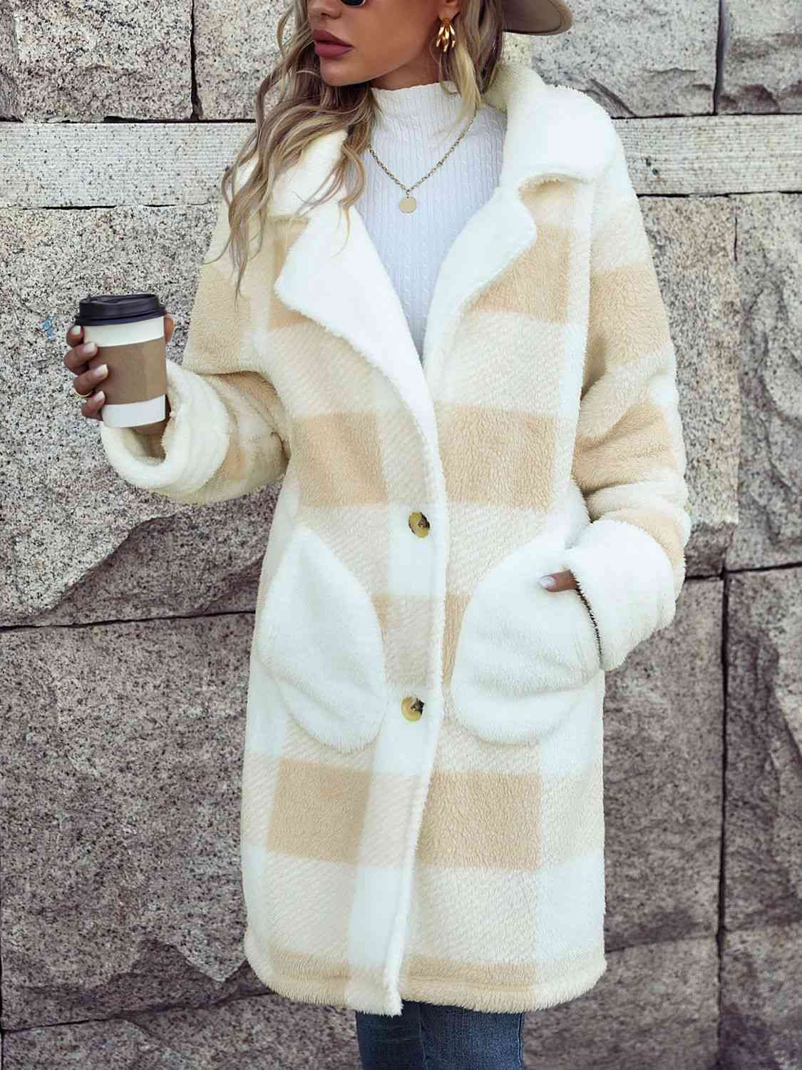 Plaid Button-Down Coat with Pockets – Women's Classic Outerwear