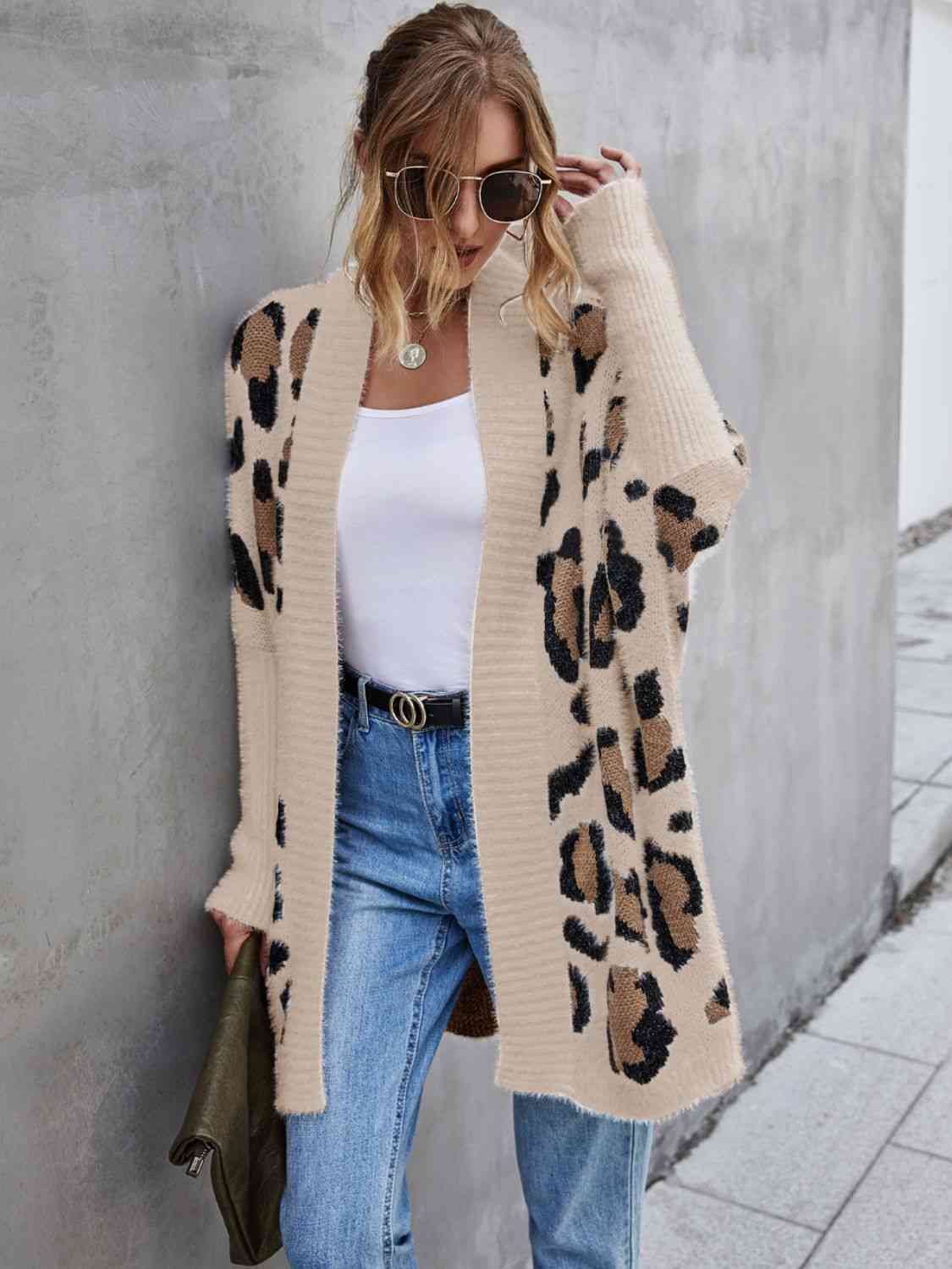 Leopard Pattern Fuzzy Open Front Cardigan – Women's Cozy Layering Piece