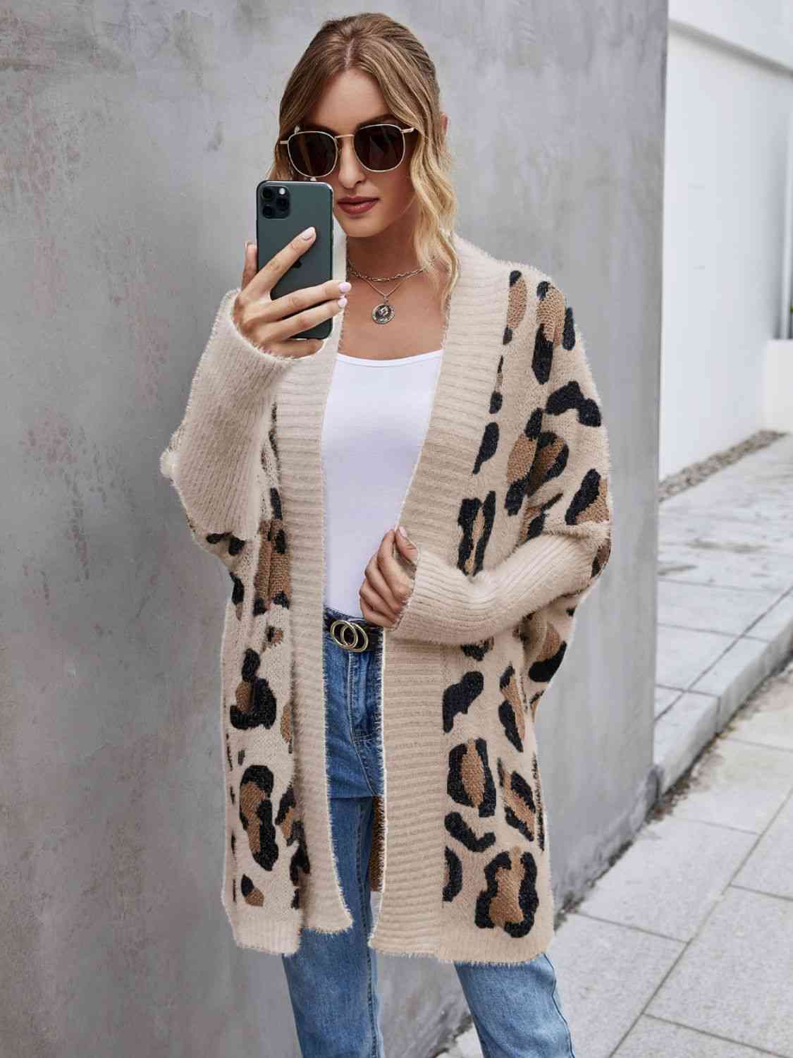 Leopard Pattern Fuzzy Open Front Cardigan – Women's Cozy Layering Piece