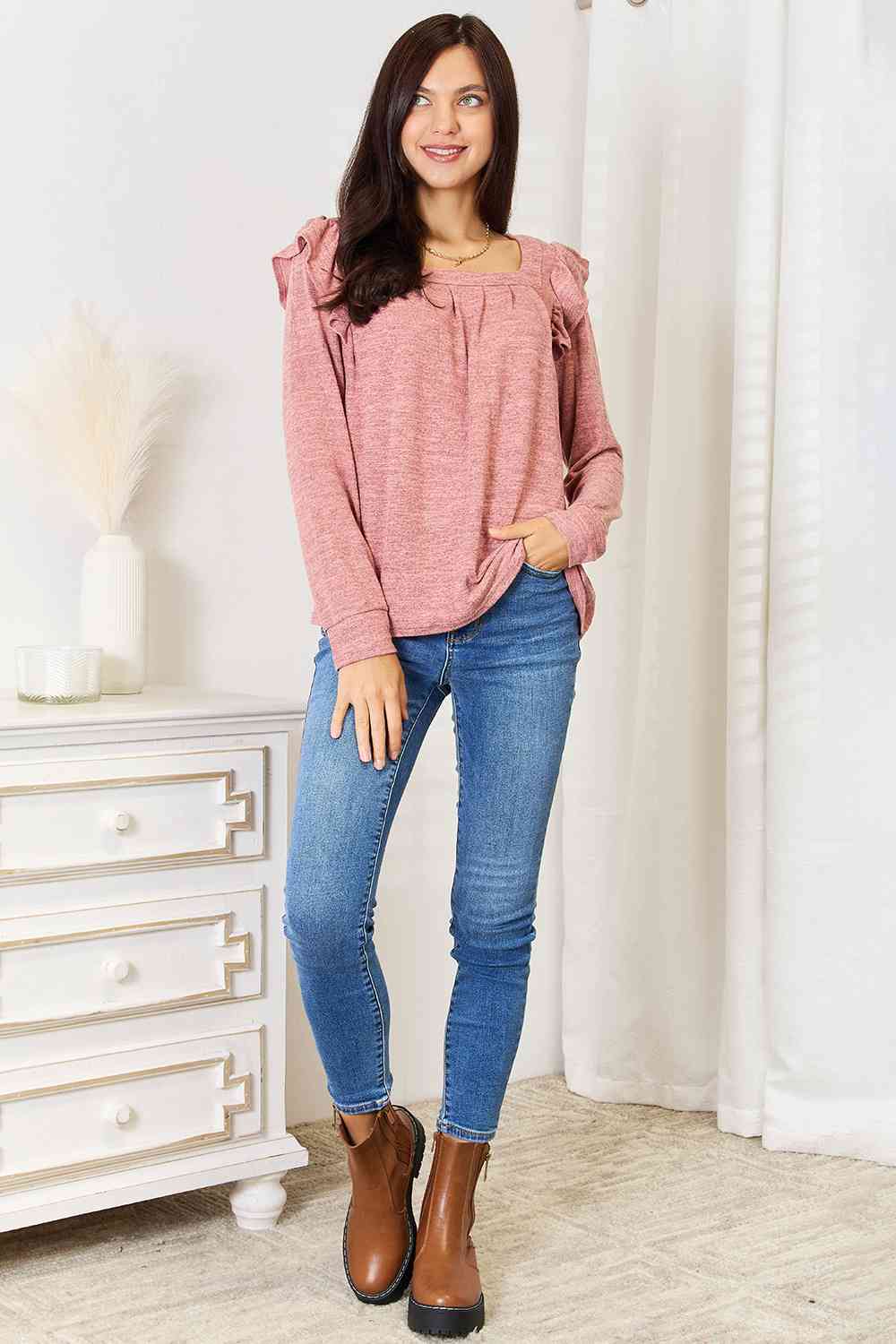 Square Neck Ruffle Shoulder Top – Feminine & Flirty
