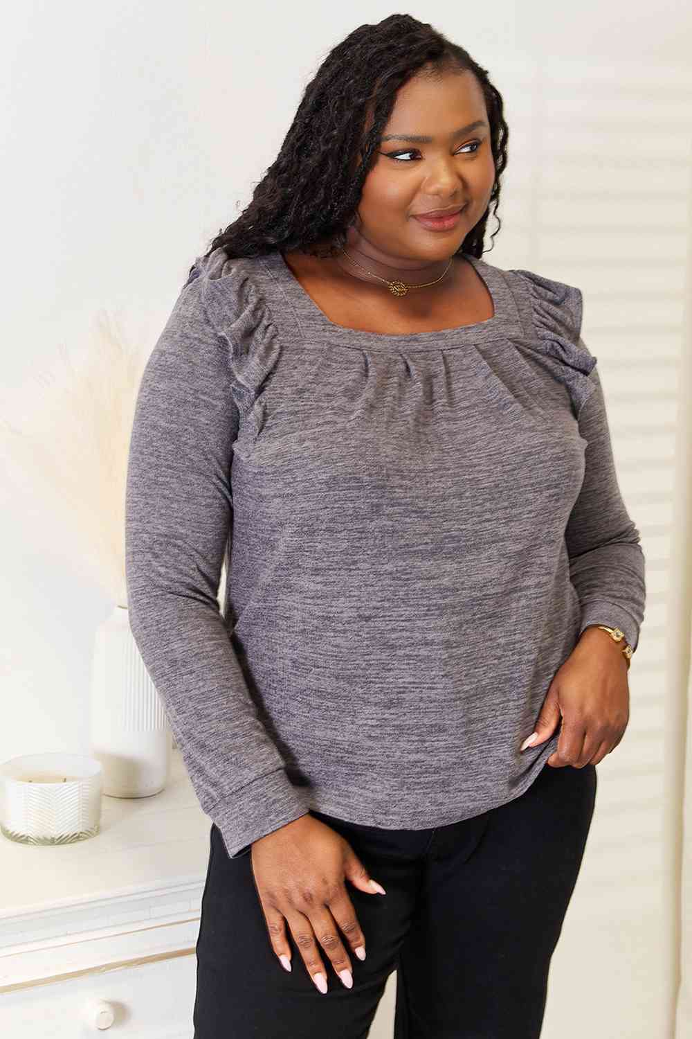 Square Neck Ruffle Shoulder Top – Feminine & Flirty