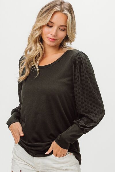 BiBi Round Neck Polka Dot Lantern Sleeve Top