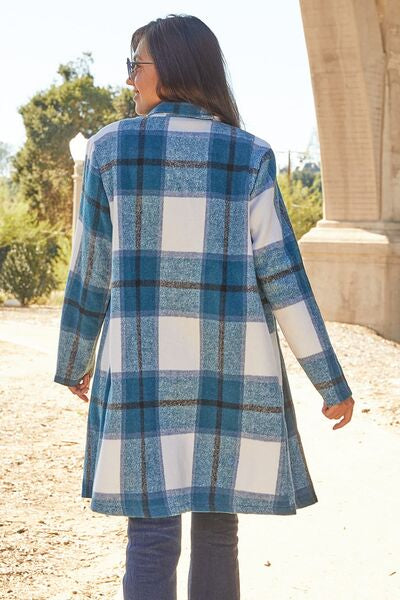 Double Take Full Size Plaid Button Up Lapel Collar Coat