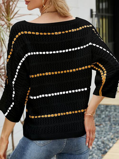 Eyelet Striped Round Neck Knit Top