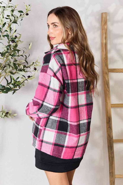 Double Take Plaid Button Up Collared Neck Jacket