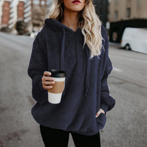 Quarter-Zip Drawstring Teddy Hoodie – Women's Cozy Fleece Pullover