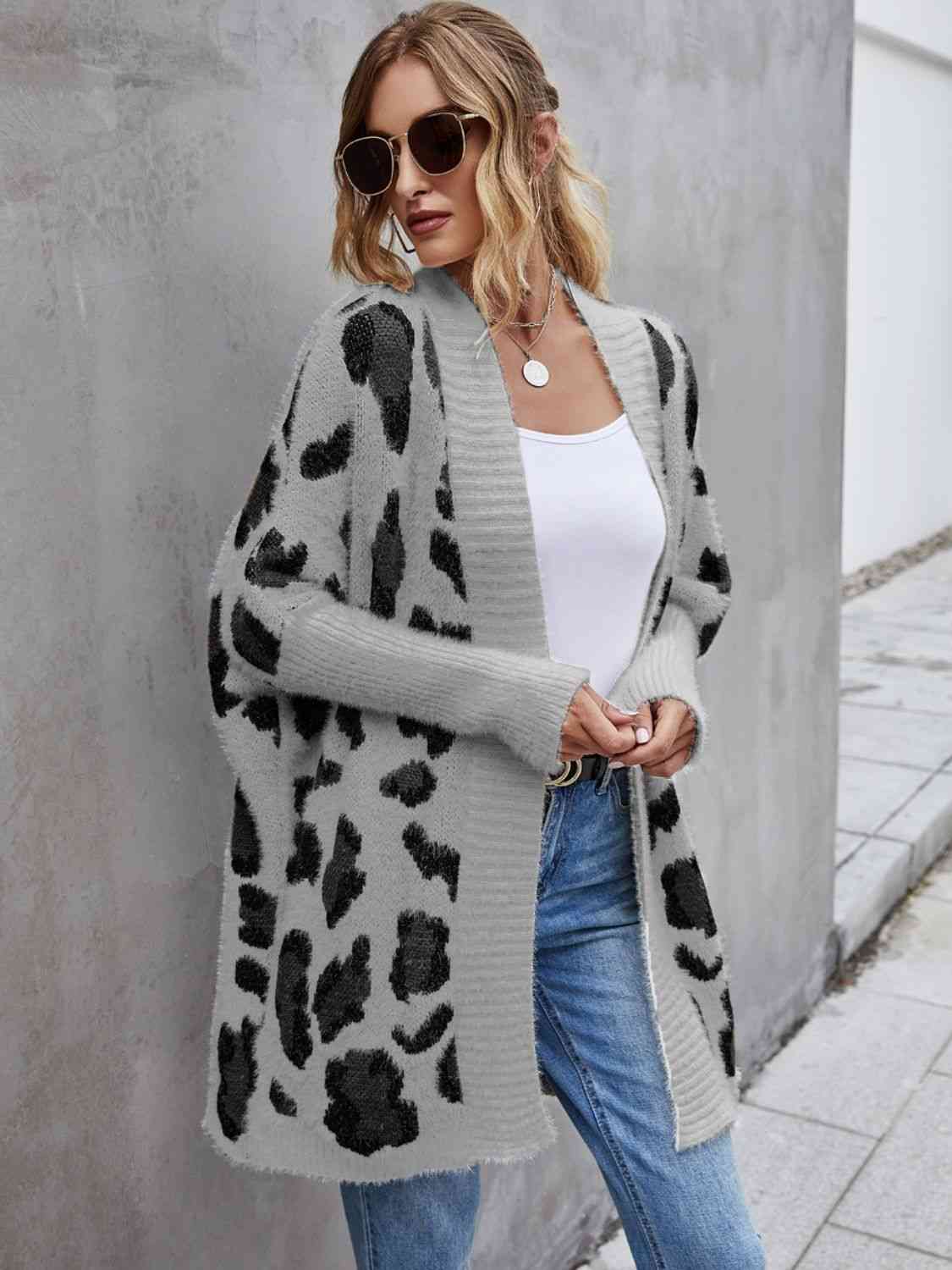 Leopard Pattern Fuzzy Open Front Cardigan – Women's Cozy Layering Piece