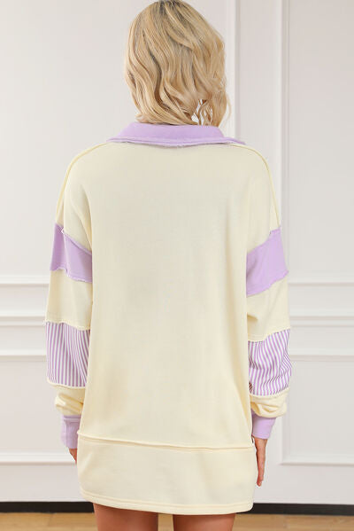 Striped Contrast Johnny Collar Dropped Shoulder Sweatshirt