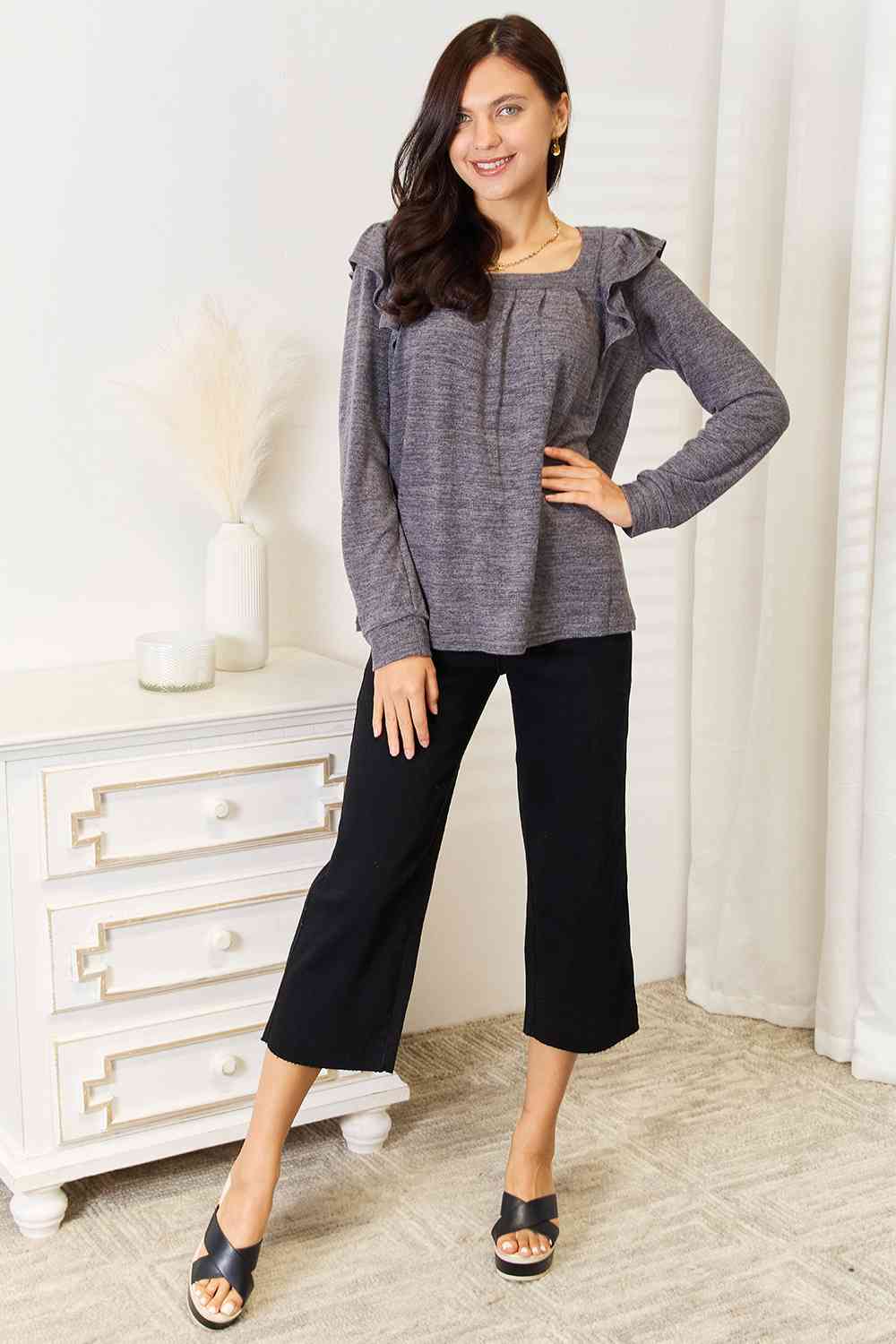 Square Neck Ruffle Shoulder Top – Feminine & Flirty