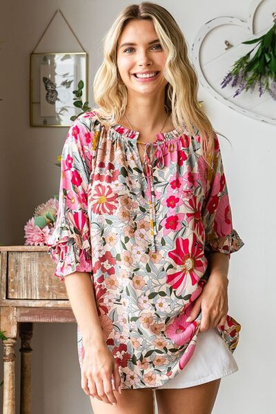 First Love Printed Tie Neck Flounce Sleeve Blouse