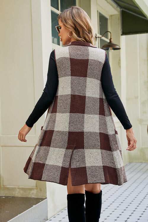 Plaid Open Front Sleeveless Cardigan with Pockets – Women's Layering Essential