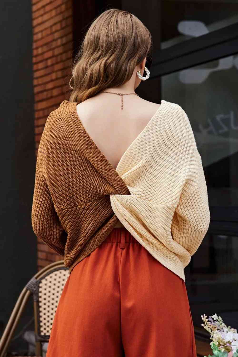 Double Take Two-Tone V-Neck Twisted Sweater