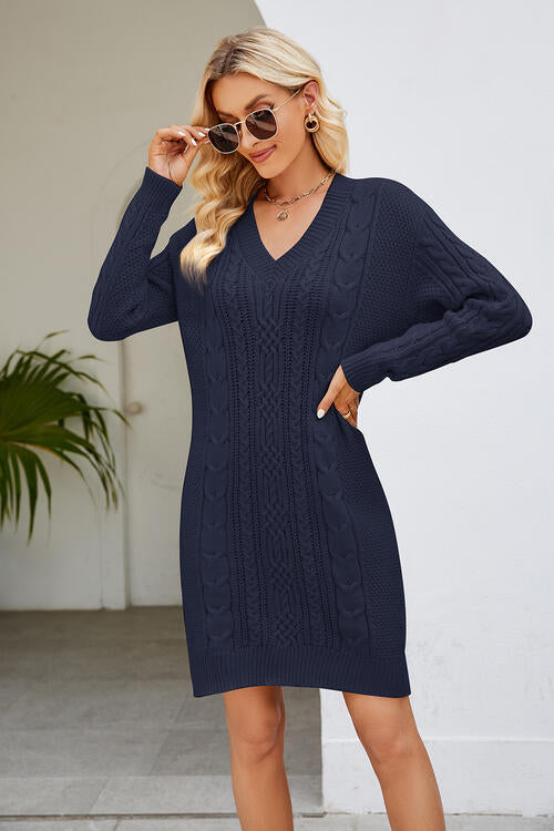 Cable-Knit Long Sleeve Sweater Dress – Women's Cozy Chic Midi